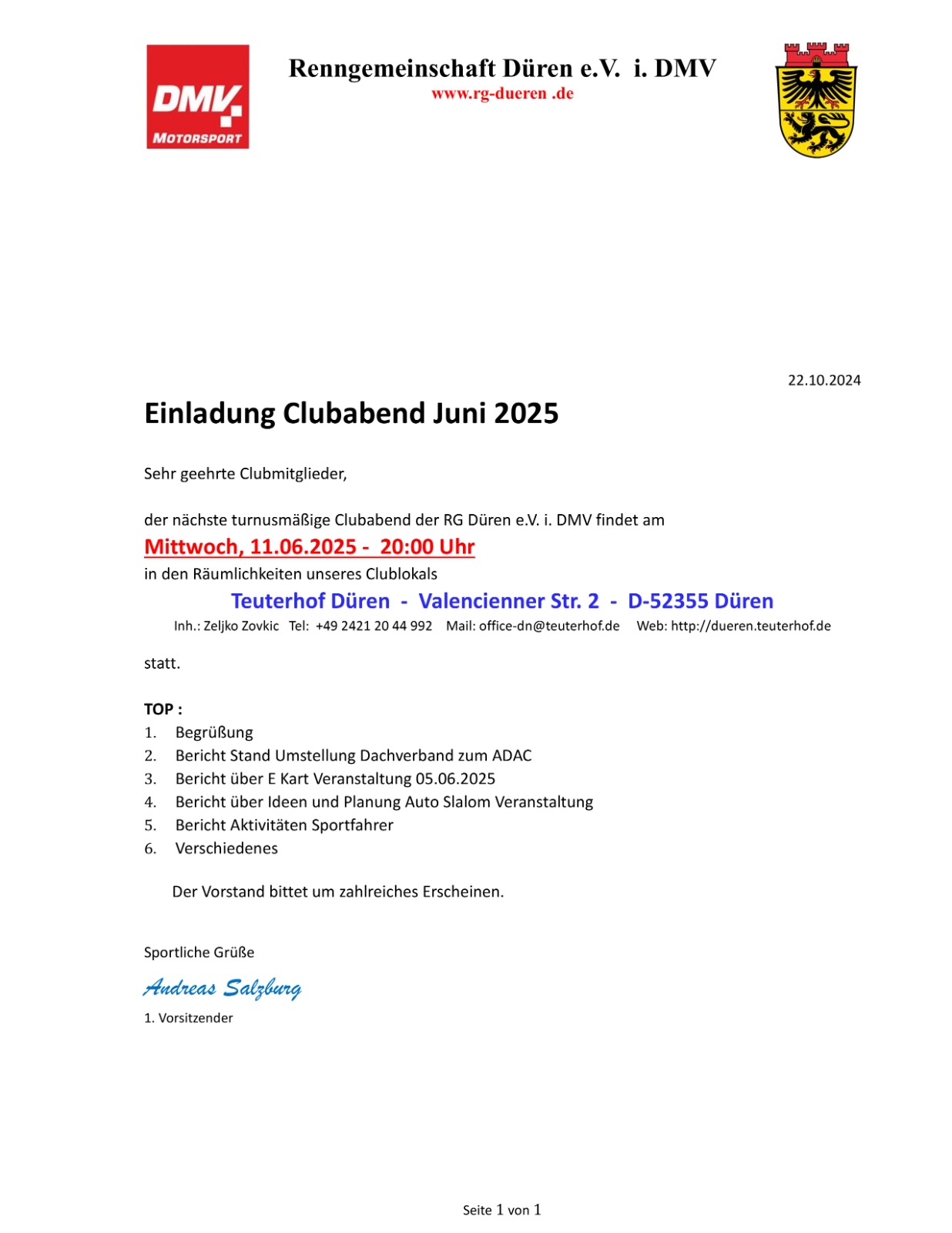 Einladung Clubabend 11. Juni